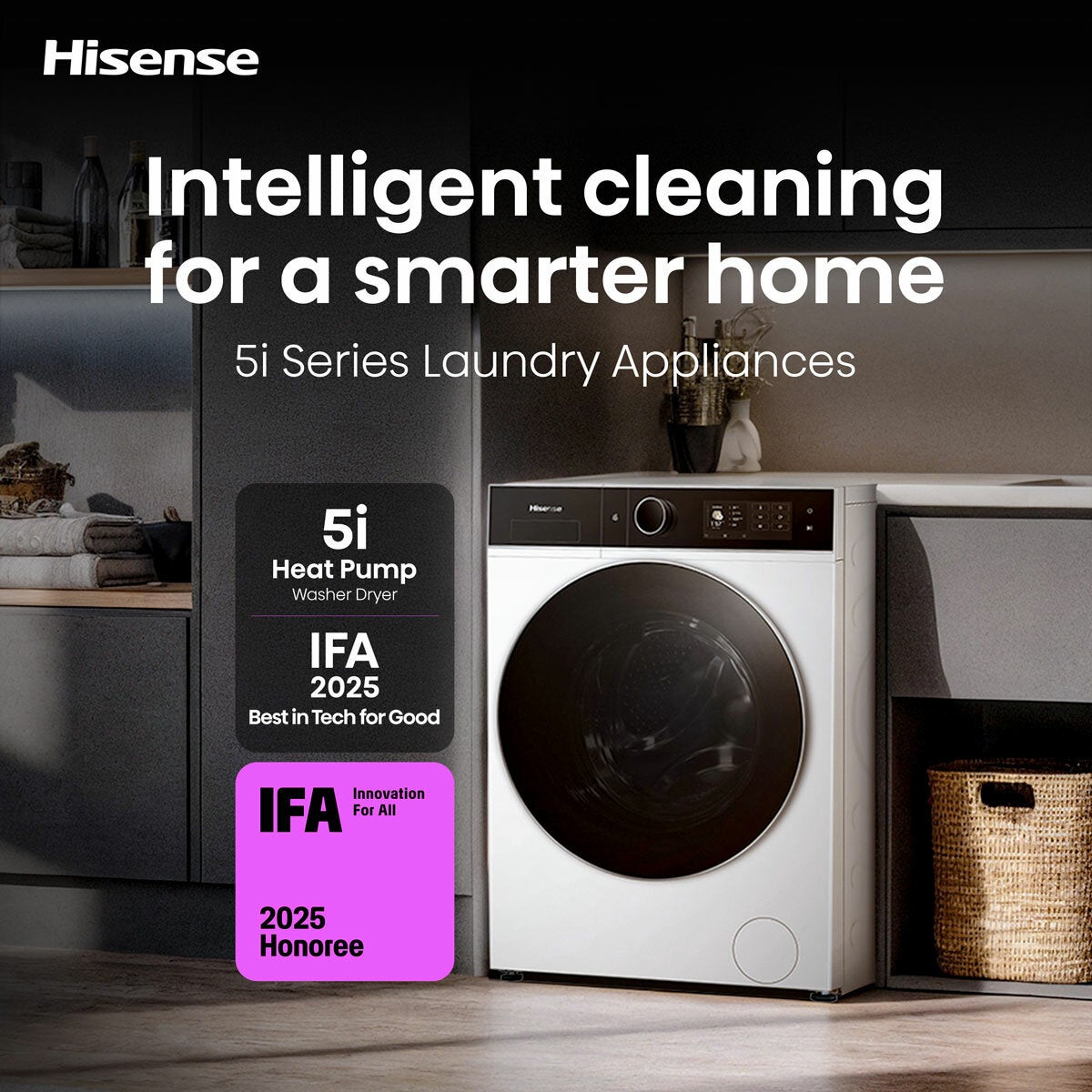 Hisense KitchenFit 5i Series WD5I1245BWRH 12kg / 8kg Washer Dryer, A Rated in White