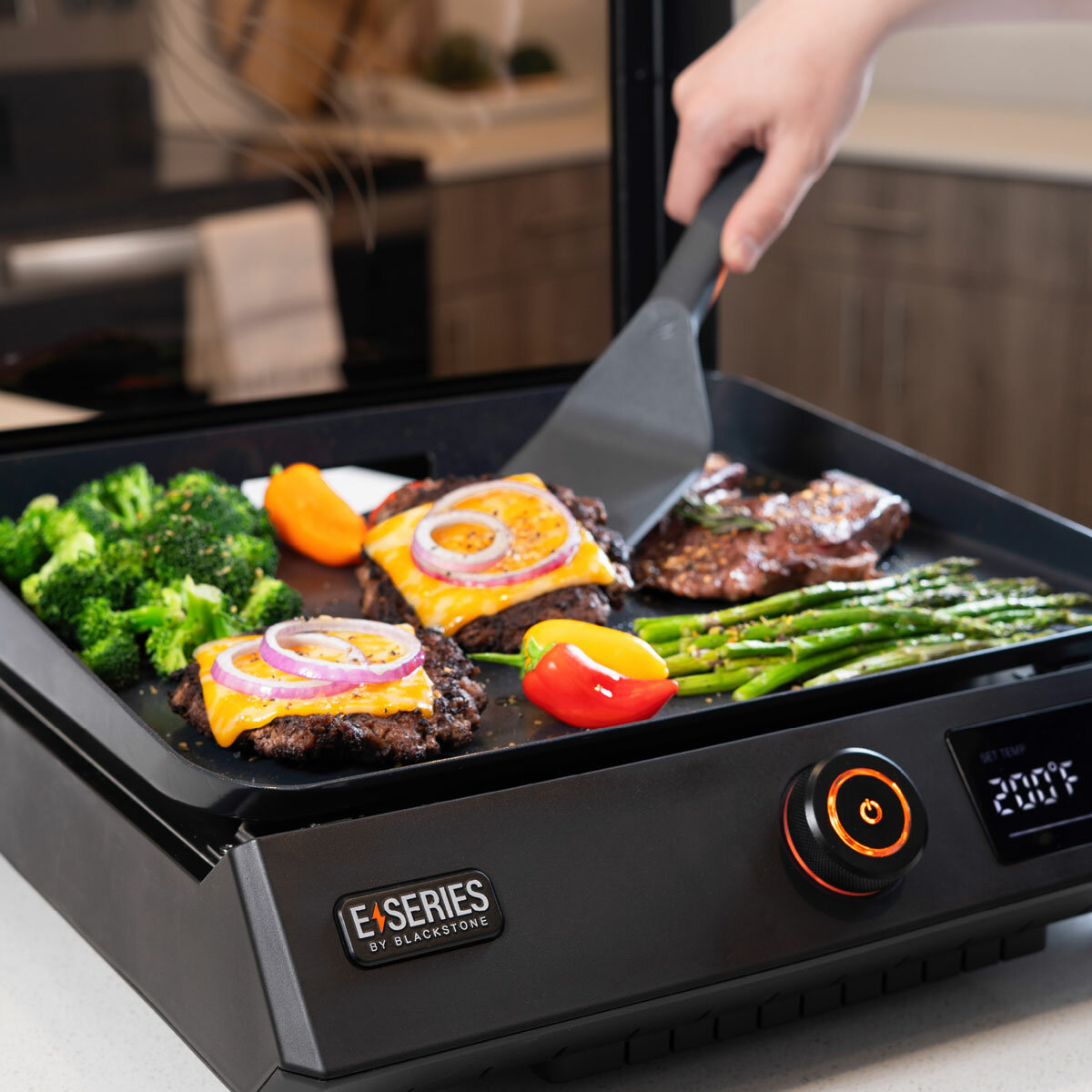 Angled view of food being cooked on Griddle Angled view of food being cooked on Griddle