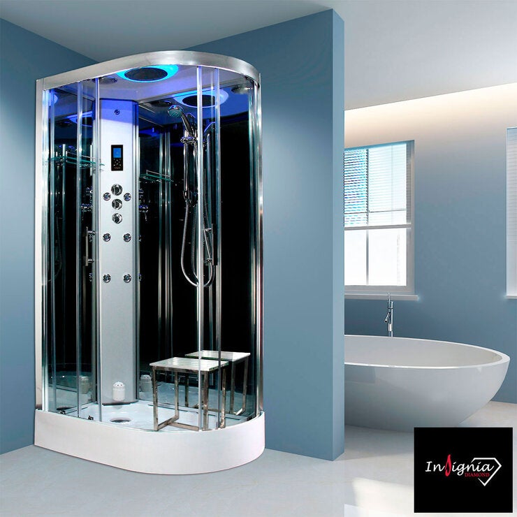 Insignia Diamond 1100mm Offset Quadrant Left Hand Steam Shower with Chrome Frame Insignia Diamond 1100mm Offset Quadrant Left Hand Steam Shower with Chrome Frame