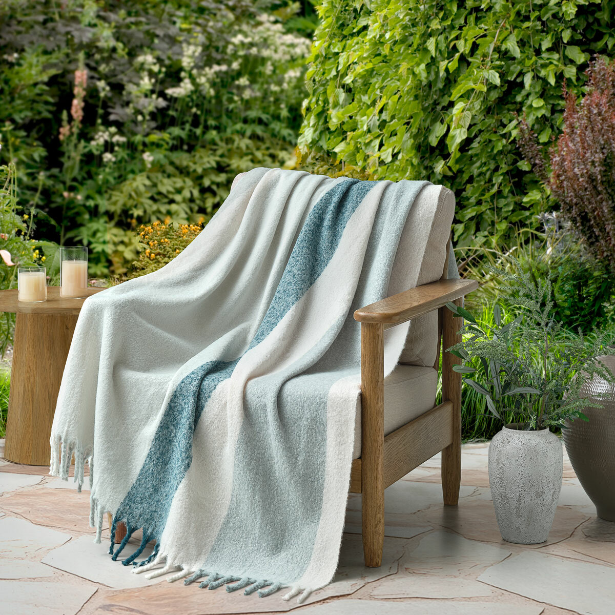 Blue Faux Mohair Throw draped on chair