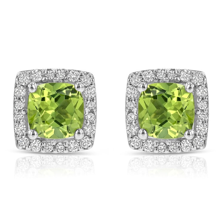 Cushion Cut Peridot & 0.13ctw Diamond Stud Earring, 14ct White Gold Cushion Cut Peridot & 0.13ctw Diamond Stud Earring, 14ct White Gold