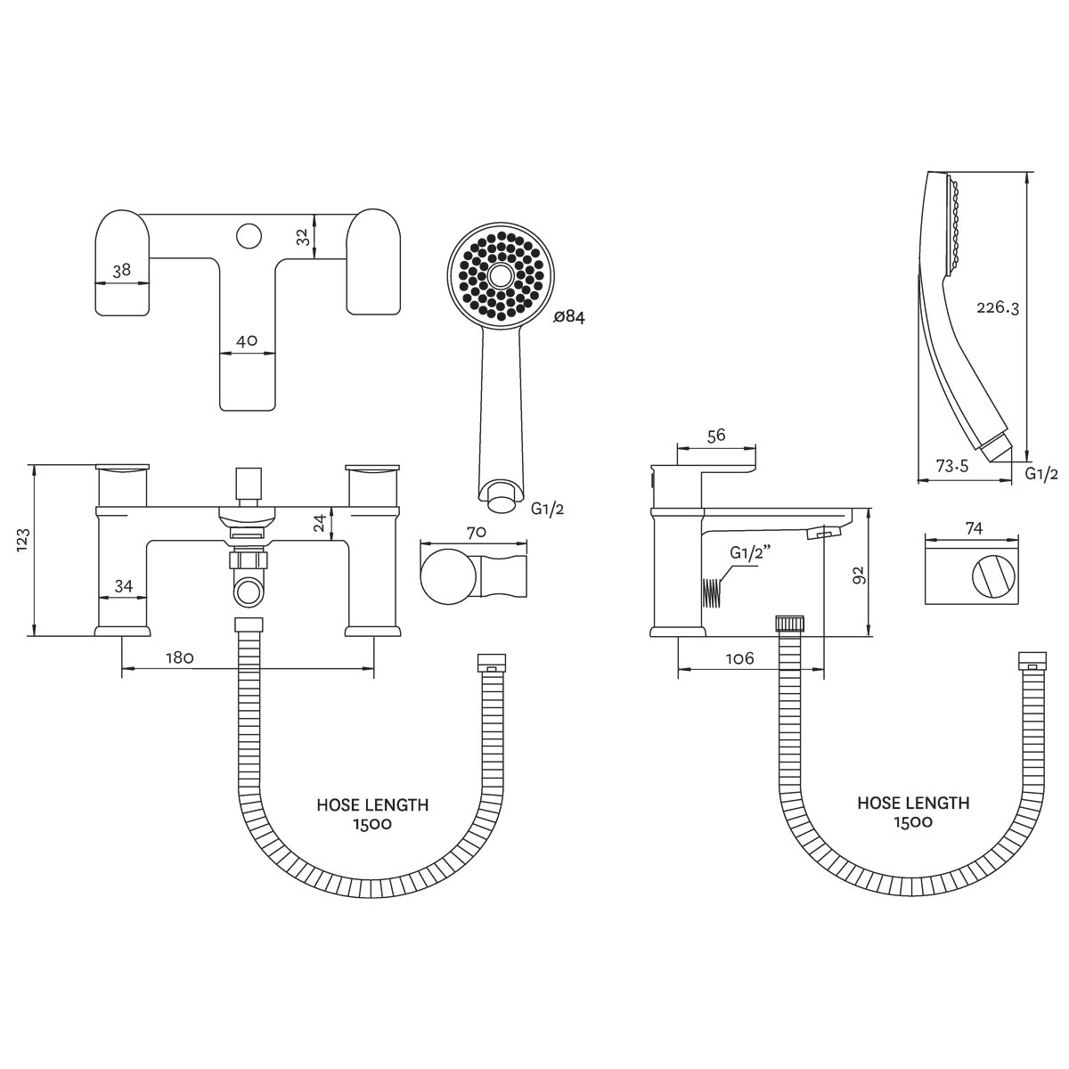 Line drawing of tap with dimensions on white background