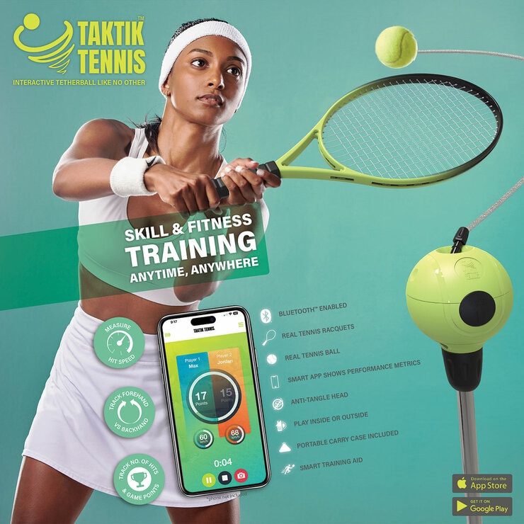Image showing a woman playing TAKTIK Tennis and a phone explaining the features of the app