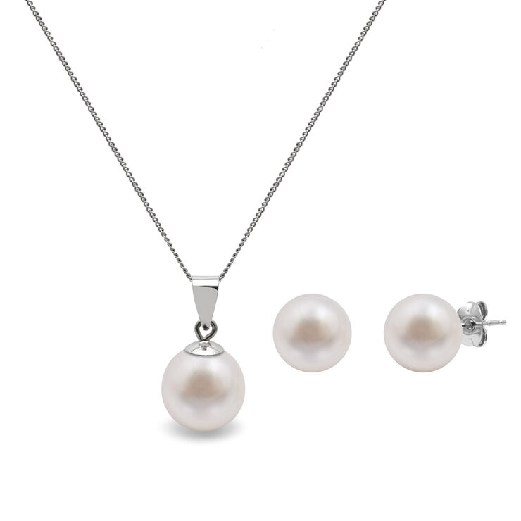 Cultured Freshwater 8.5-9mm White Pearl Pendant and Stud Earring Set, 18ct White Gold Cultured Freshwater 8.5-9mm White Pearl Pendant and Stud Earring Set, 18ct White Gold