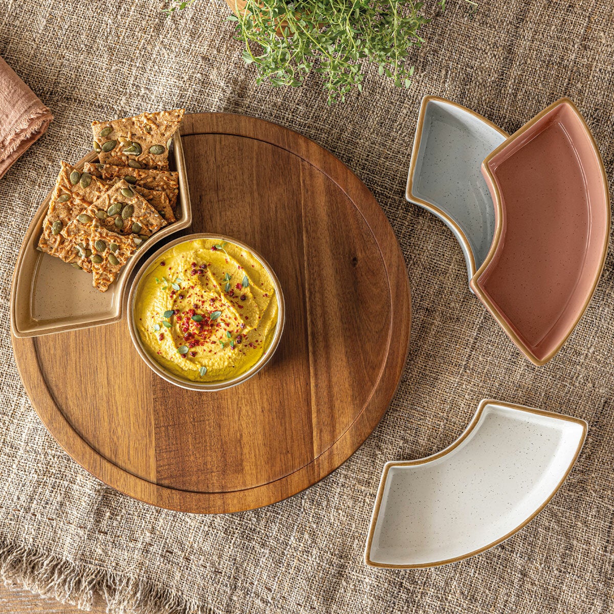 Over & Back Acacia Lazy Susan, with 5 Stoneware Dishes Over & Back Acacia Lazy Susan, with 5 Stoneware Dishes