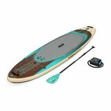 Studio image of the paddleboard, paddle and air pump