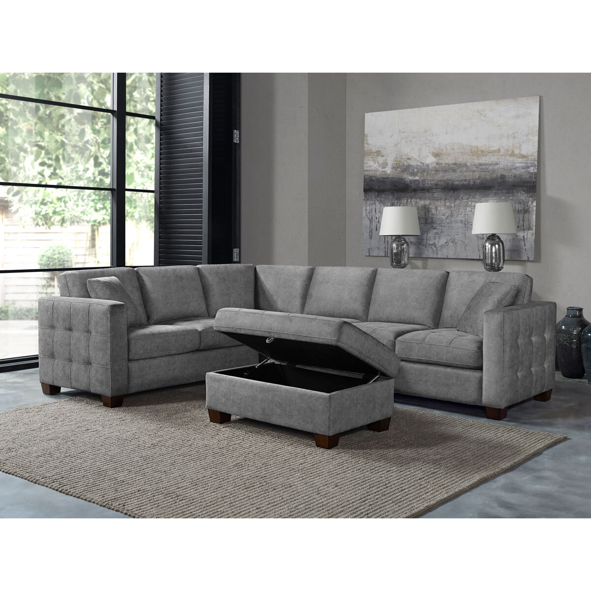 Thomasville Kylie Grey Fabric Corner Sofa with Storage Ottoman