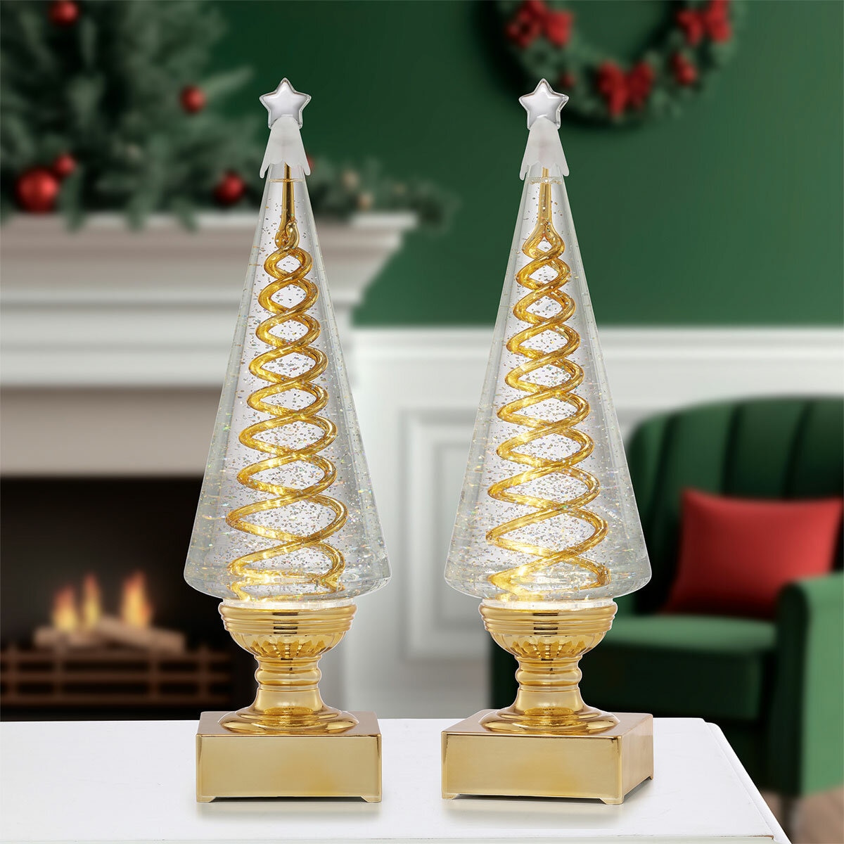 14 inch Lighted Spinning Spiral Glitter Trees in Gold- Set of 2