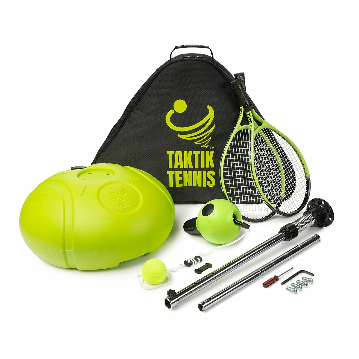 Studio image of the TAKTIK Tennis unit, racquets, ball and carry bag Studio image of the TAKTIK Tennis unit, racquets, ball and carry bag