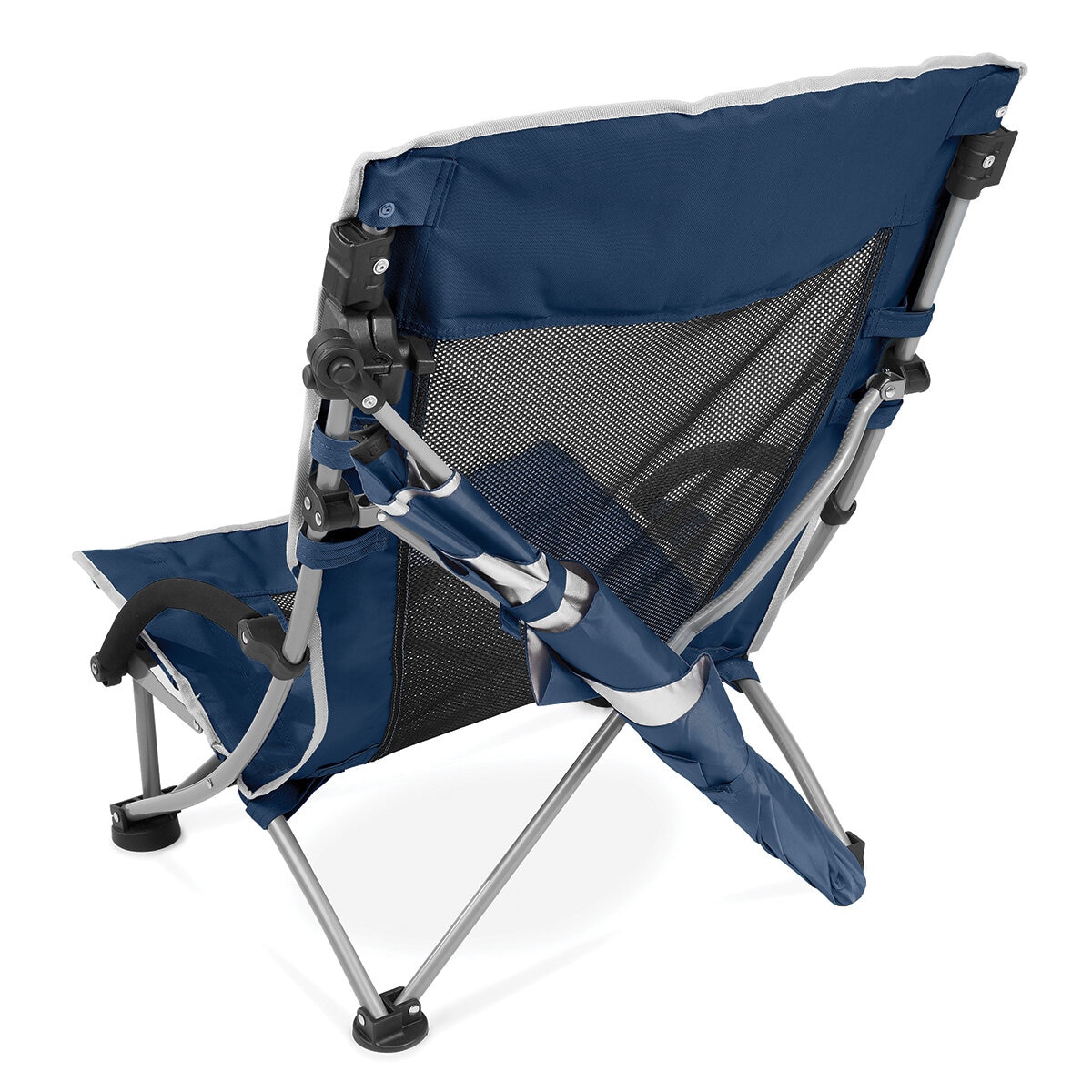 Studio image of the chair from behind with the umbrella in the back pocket Studio image of the chair from behind with the umbrella in the back pocket