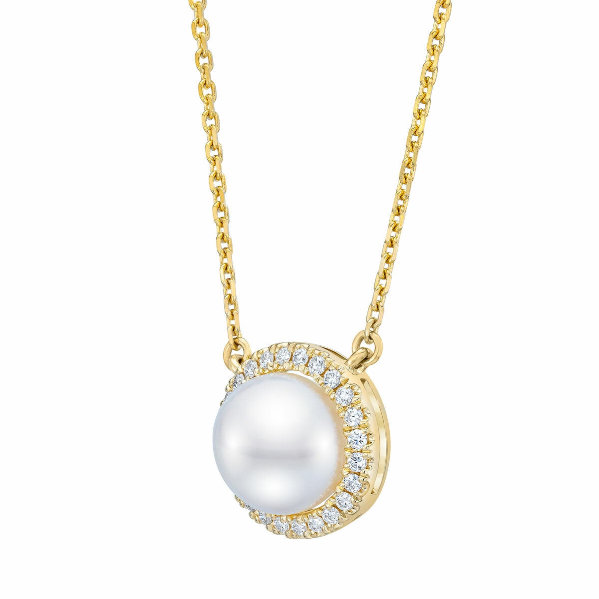 8-9mm Cultured Freshwater White Button Pearl & 0.16ctw Diamond Halo Pendant, 14ct Yellow Gold 8-9mm Cultured Freshwater White Button Pearl & 0.16ctw Diamond Halo Pendant, 14ct Yellow Gold