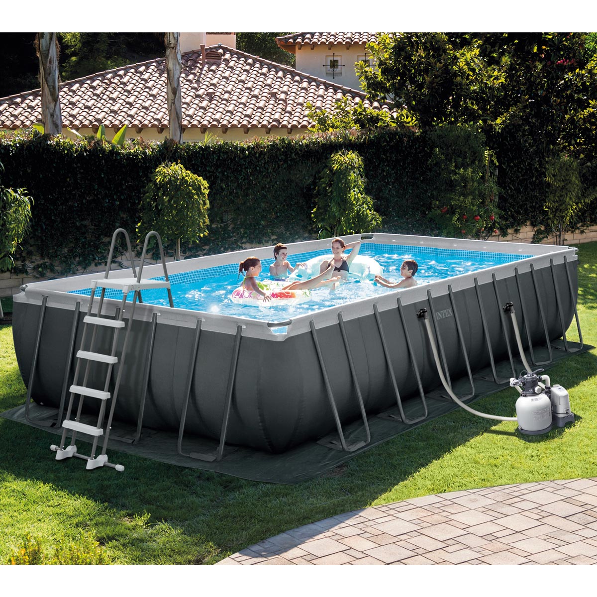 intex 24ft 7 3m x 12ft 3 6m ultra xtr rectangular frame pool with sand filter pump saltwater system and accessories costco uk