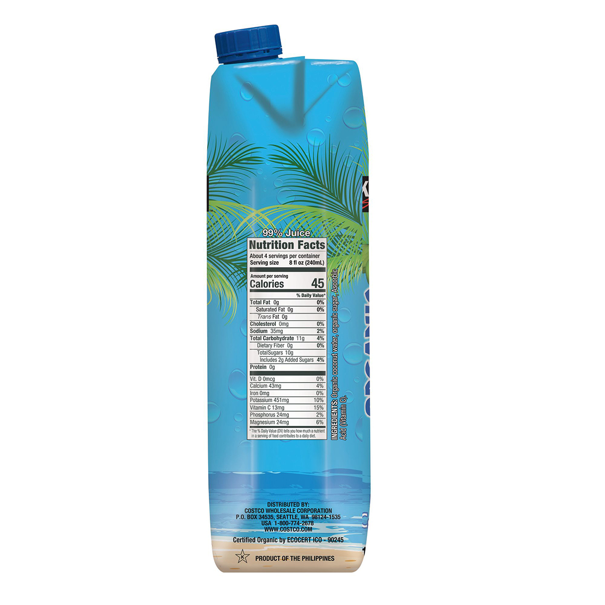Kirkland Signature Organic Coconut Water Nutritional Facts