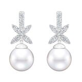 9-10mm Cultured Freshwater White Pearl & 0.45ctw Diamond Earrings, 14ct White Gold