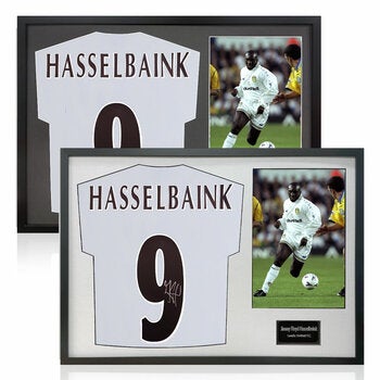 Jimmy Floyd Hasselbaink Signed Framed Leeds Football Shirt including 1 Photo in 2 Options: White or Black