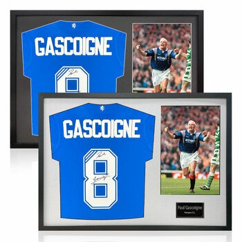 Paul Gascoigne Signed Framed Rangers Football Shirt & 1 Photo in 2 Options: White or Black Mount
