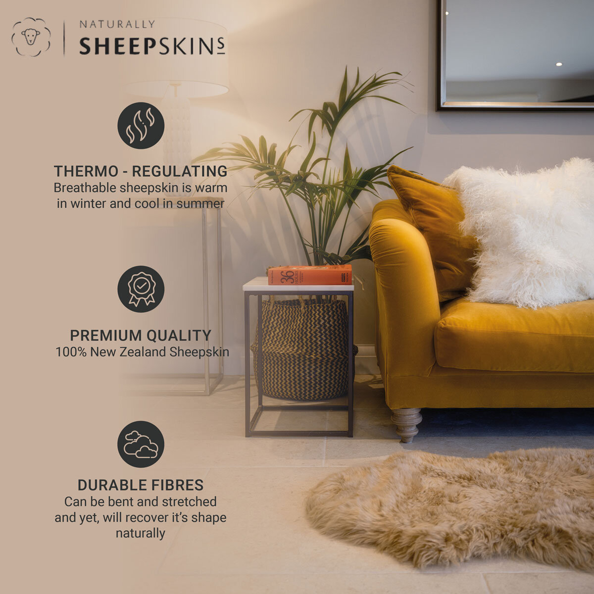 Naturally Sheepskins Long Wool Quad Rug, 180 x 110 cm