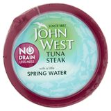 Top down on image of 5 tins of John West Tun wrapped in plastic