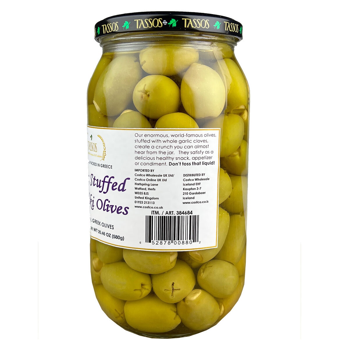 Tassos Garlic Stuffed Super Colossal Olives, 992g