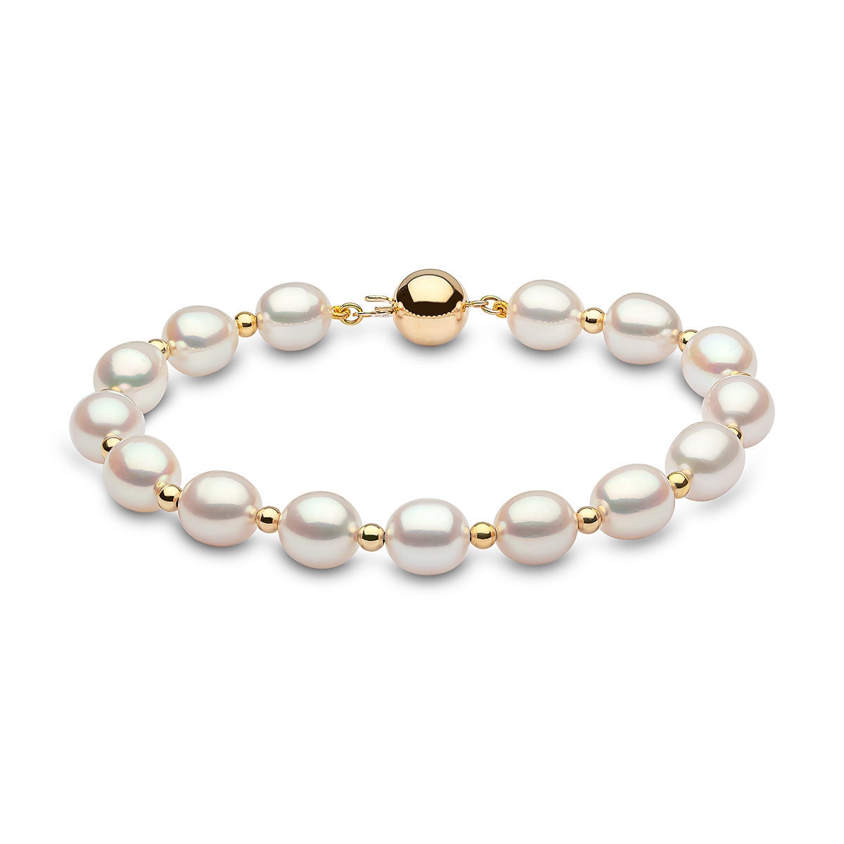 8-8.5mm Cultured Freshwater White Oval Pearl and Gold Bead Bracelet, 18ct Yellow Gold