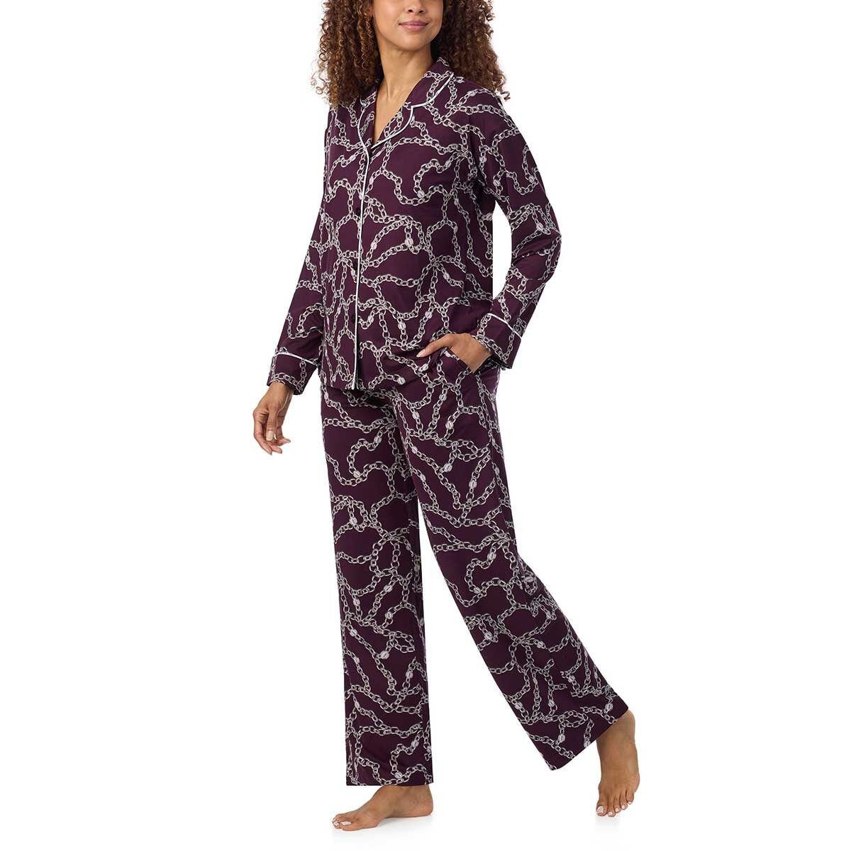 DKNY Women's Notch Collar Pyjama Set in Burgundy