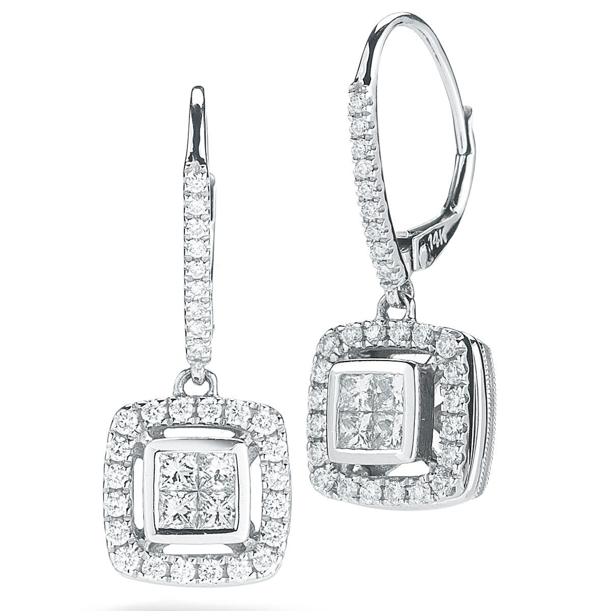 0.97ctw Princess and Round Brilliant Cut Diamond Earrings, 18ct White Gold