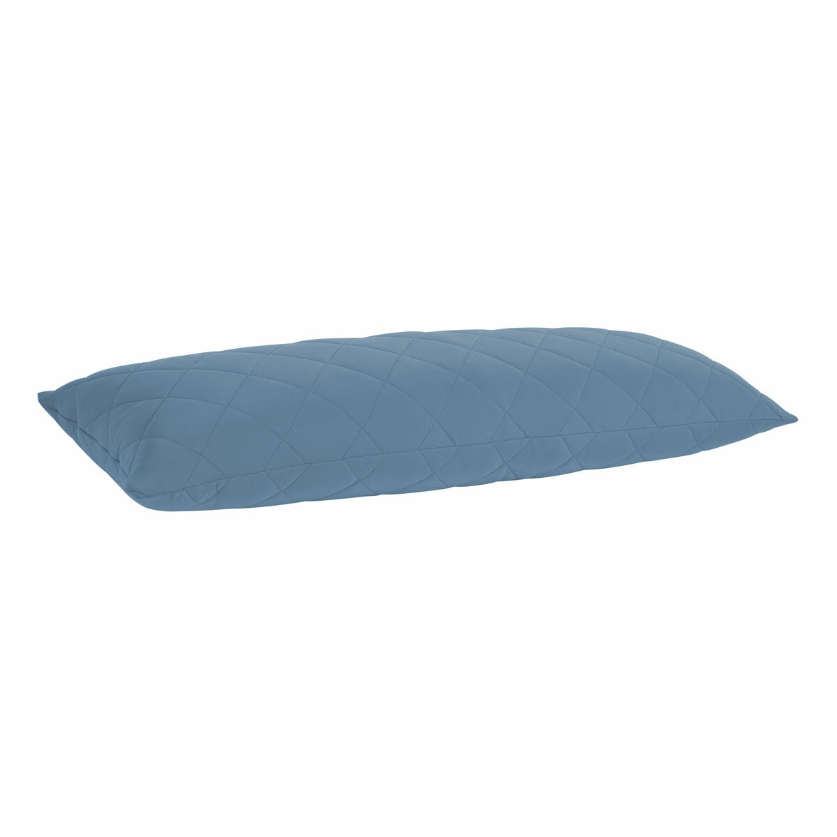 Quilted light blue body pillow with diamond stitching placed in front of two white pillows on a neatly Quilted light blue body pillow with diamond stitching placed in front of two white pillows on a neatly