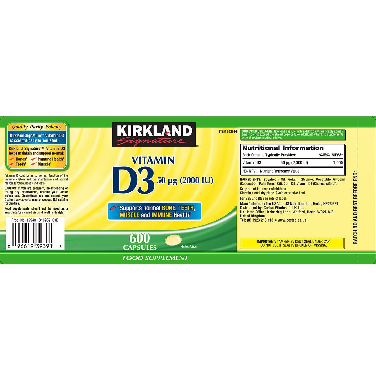 Kirkland Signature Maximum Strength Vitamin D3 50µg, 600 Capsules (20