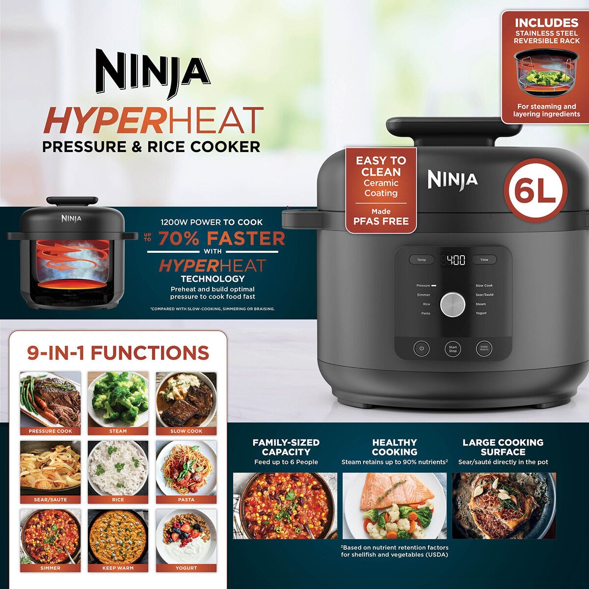 Lifestyle image showing features of pressure & rice cooker Lifestyle image showing features of pressure & rice cooker
