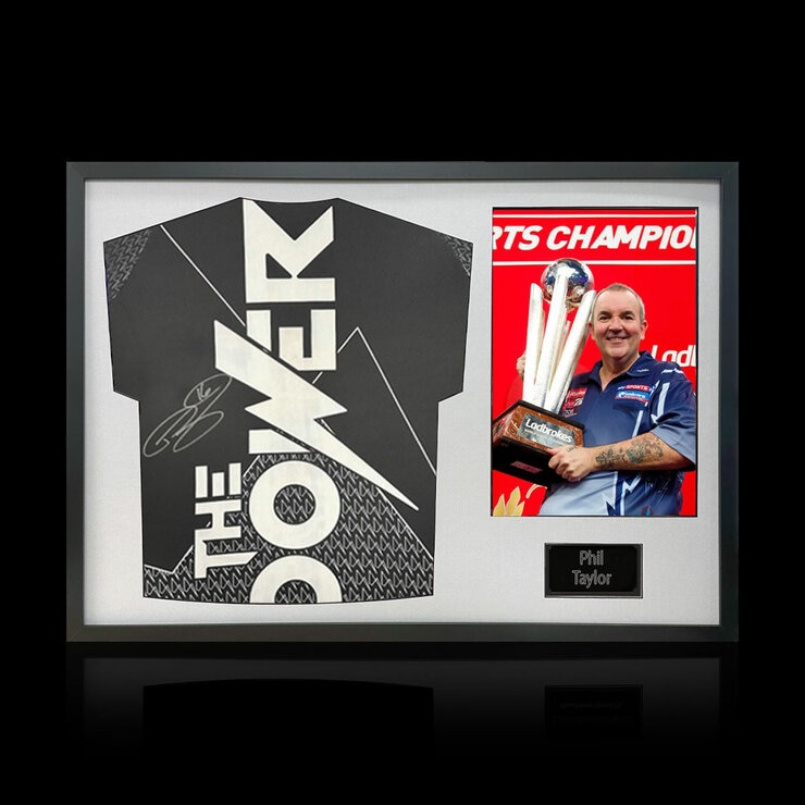 Phil Taylor Signed Framed Darts Shirt including 1 Photo in 2 Options: White or Black Mount