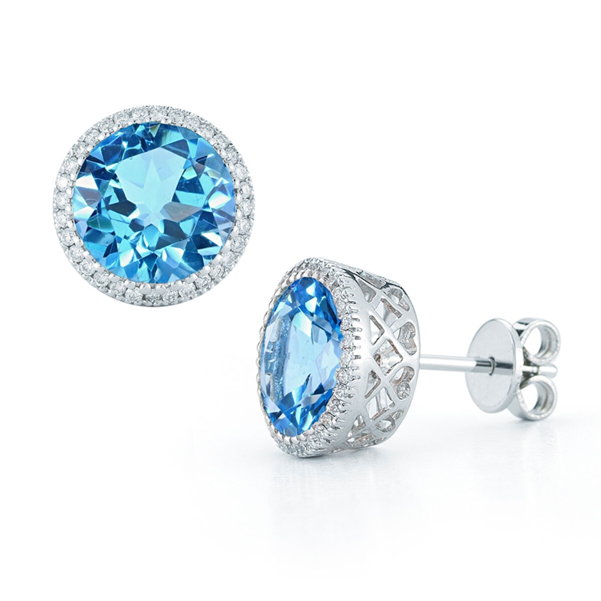 Round Cut Blue Topaz 0.17ctw Diamond Earrings 14ct Whi