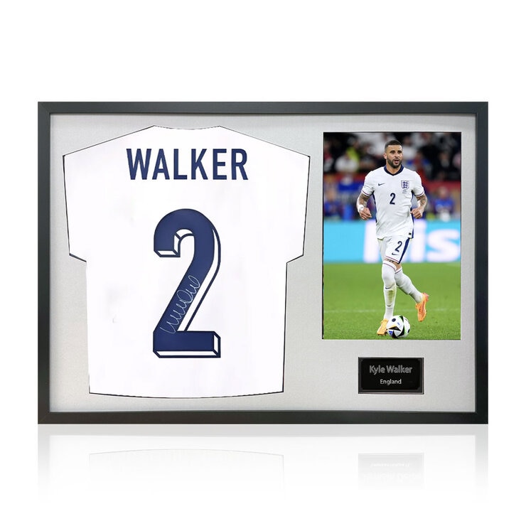Kyle Walker Signed Framed England Football Shirt including 1 Photo in 2 Options: White or Black Mount Kyle Walker Signed Framed England Football Shirt including 1 Photo in 2 Options: White or Black Mount