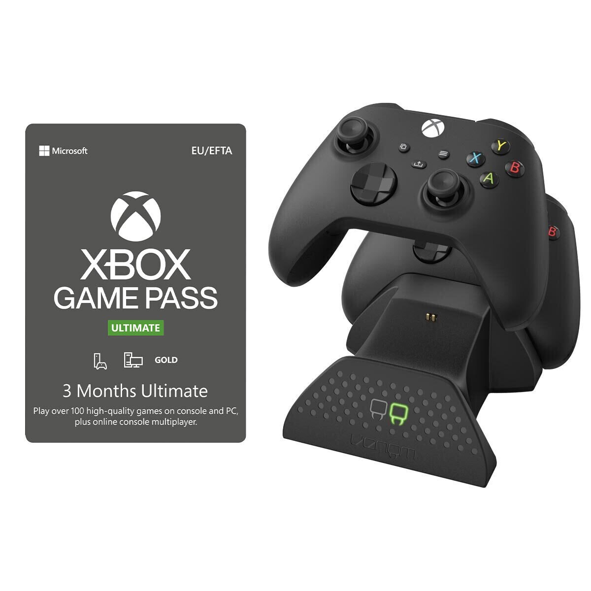 Xbox Wireless Controller Carbon Black, Venom Twin Docking Station and Xbox Game Pass Ultimate 3