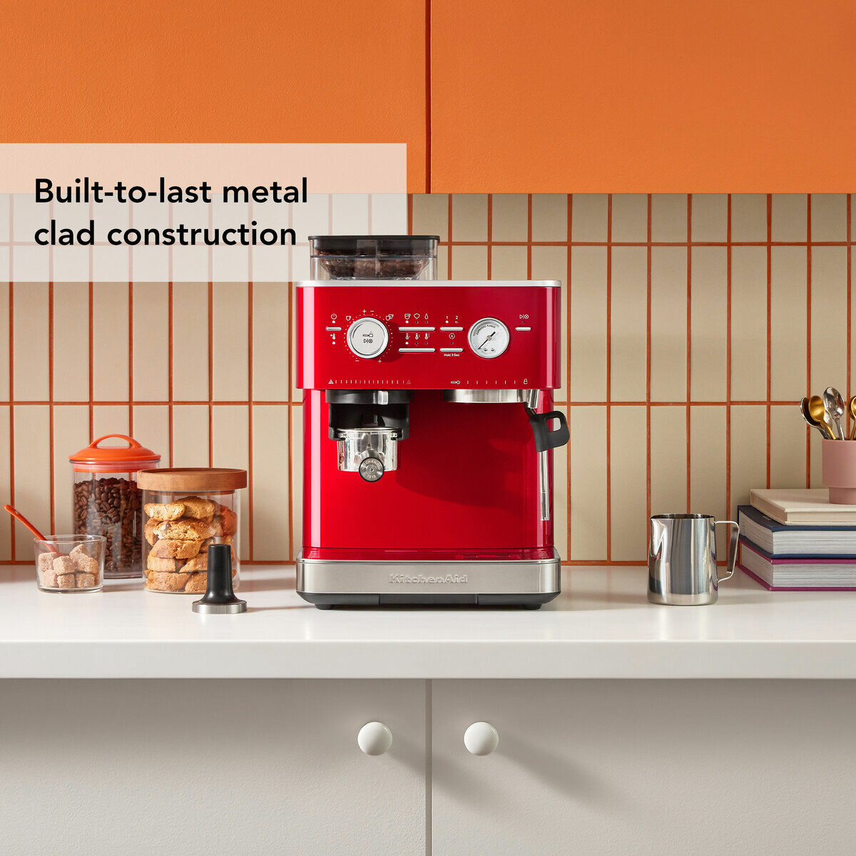 Lifestyle image of KitchenAid Semi Auto Espresso Machine & Burr Grinder showing made of metal clad construction Lifestyle image of KitchenAid Semi Auto Espresso Machine & Burr Grinder showing made of metal clad construction