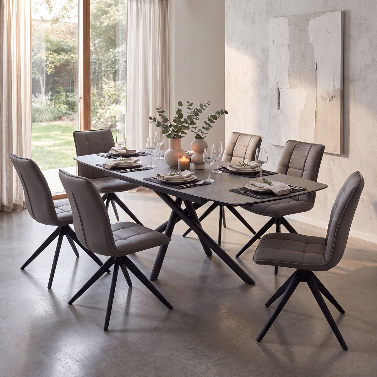 Indus Valley Skylar Ceramic Extending Dining Table + 6 Grey Chairs, Seats 6-8