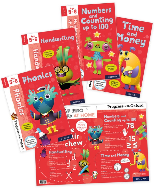 Progress with Oxford x4 Book Collection with Poster in 4 Options: Starting to Write, Write Words, Counting up to 100 or Time & Money