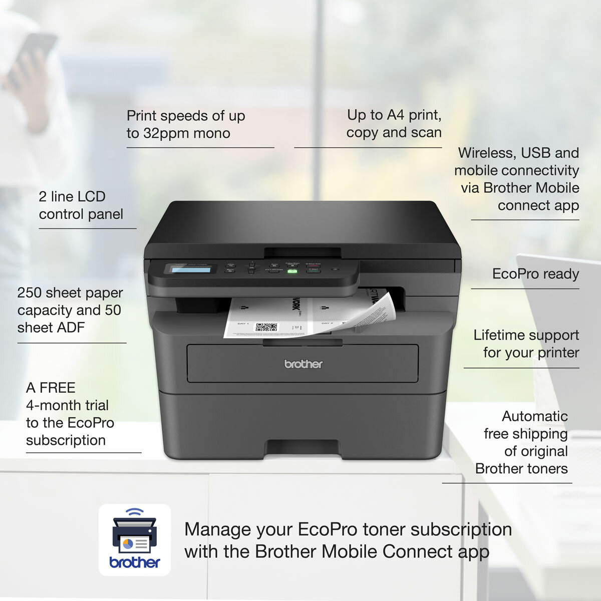 Brother A4 Mono Laser Printer MFP, DCP-L2627DWE