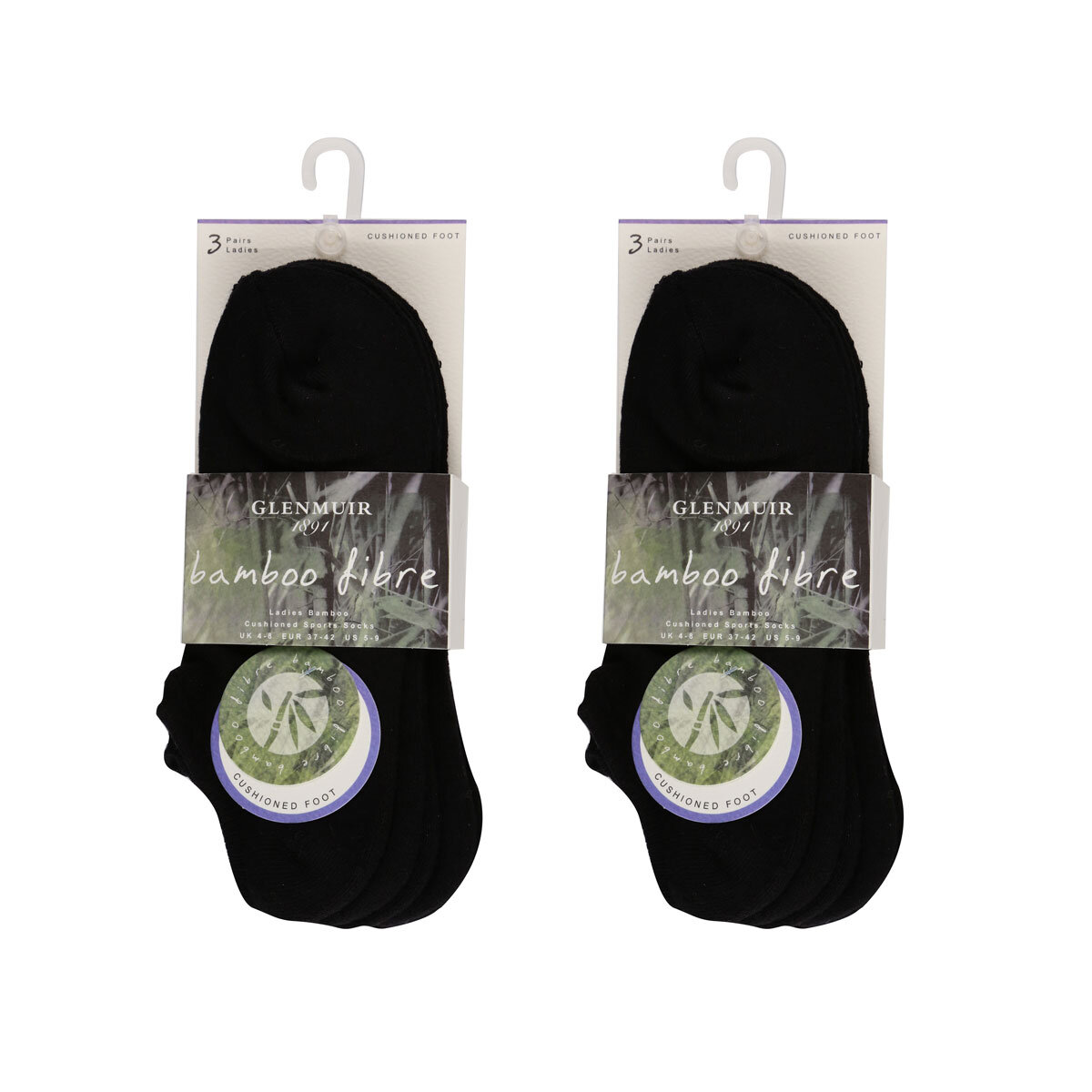 Glenmuir Women's 2 x 3 Pack Bamboo Cushioned Trainer Socks in Black, Size 4-8