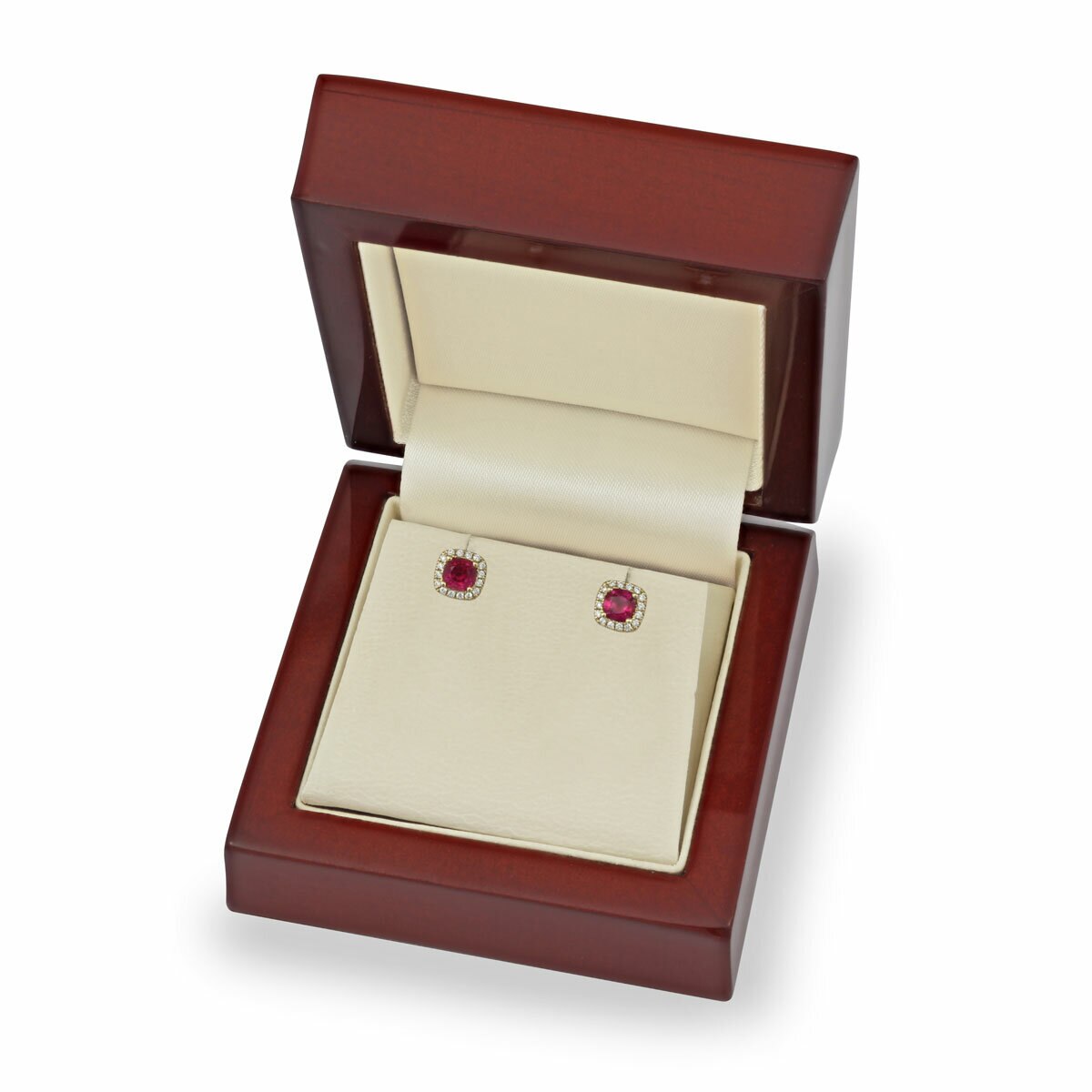 Cushion Cut Ruby & 0.13ctw Diamond Halo Earrings, 18ct Yellow Gold