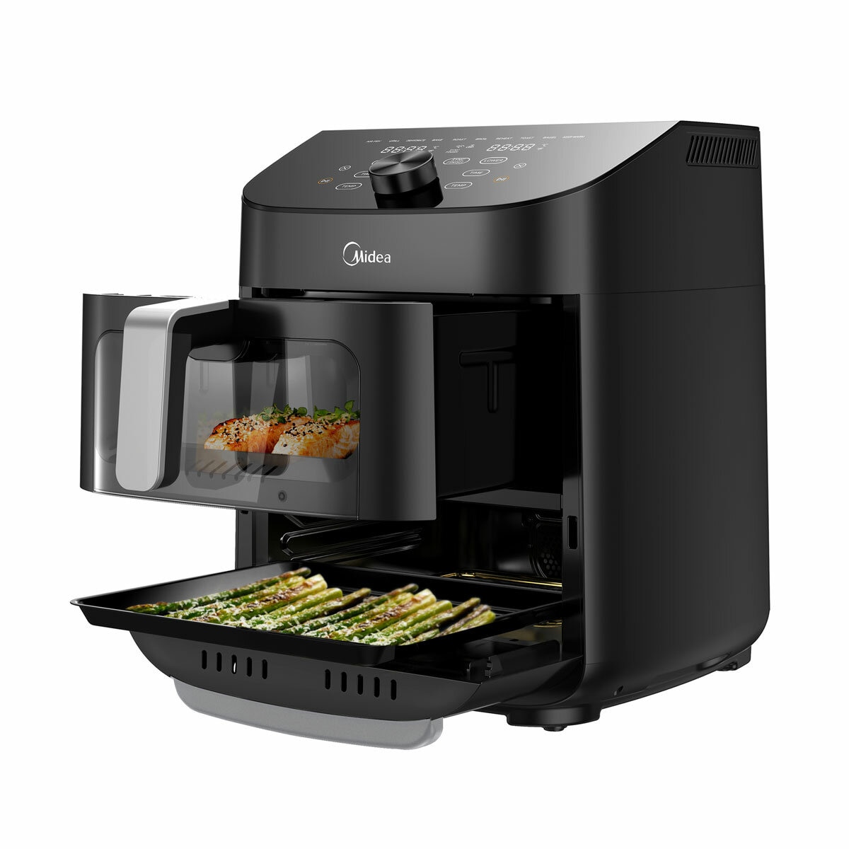 Side profile of Midea Dual Basket Air Fryer with opened basket