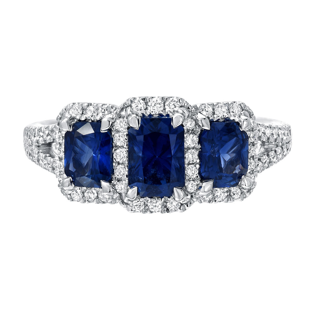 Radiant Cut Blue Sapphire and 0.29ctw Diamond Ring, 18ct White Gold