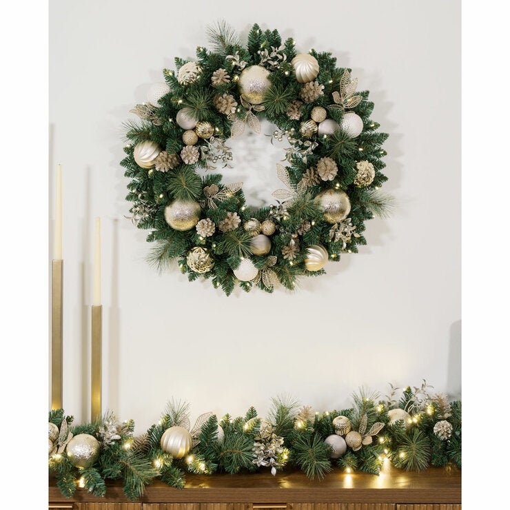 30 inch (76cm) Pre-Lit Decorated Wreath with 50 LED Lights in Metallic 30 inch (76cm) Pre-Lit Decorated Wreath with 50 LED Lights in Metallic