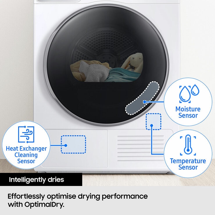 Samsung Series 8 DV90BB9445GHS1, 9kg Smart Heat Pump Tumble Dryer, A+++ Rated in White