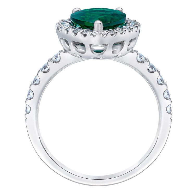Pear Shaped Lab Emerald and 0.65ctw Diamond Ring.
