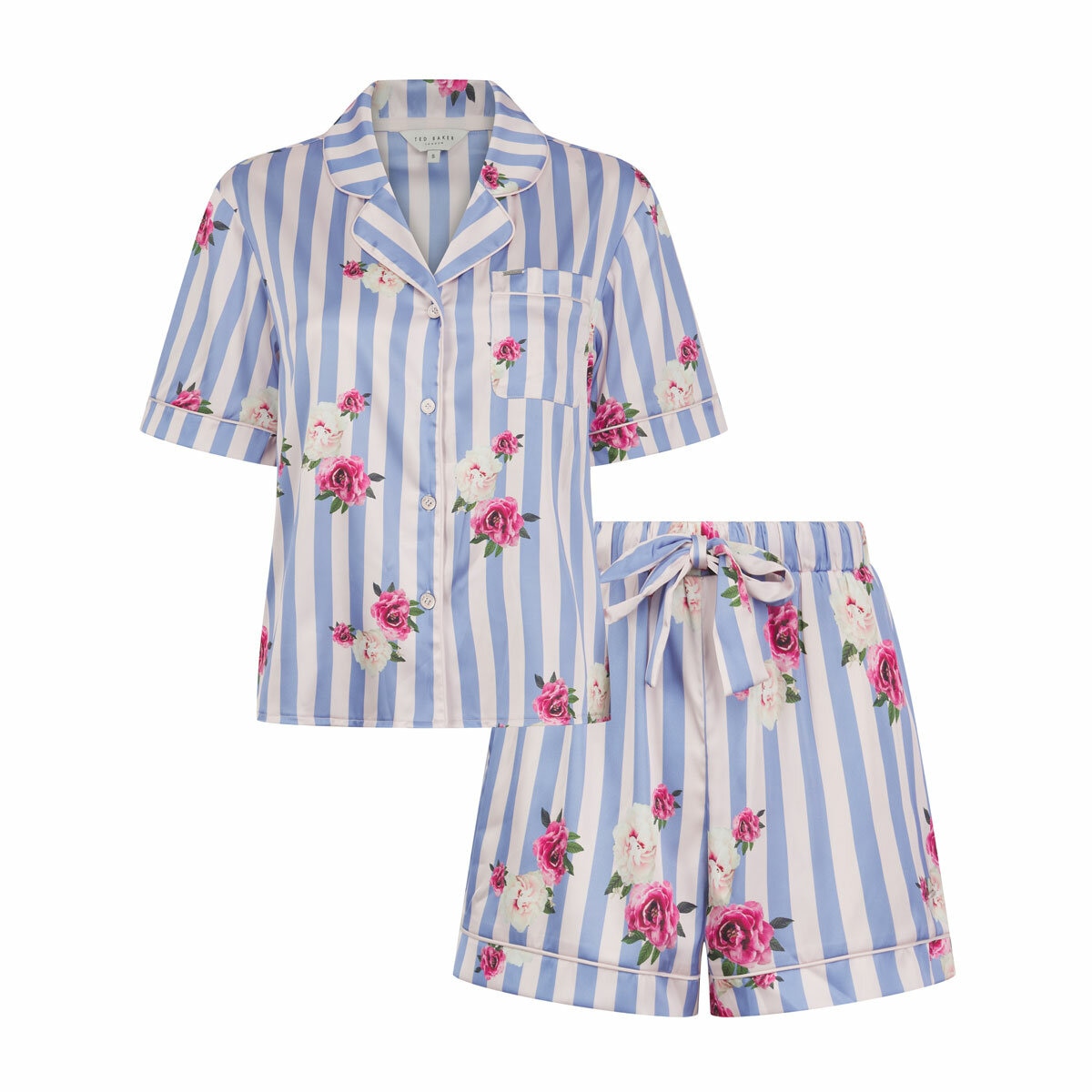 Ted Baker Ladies Satin 2 Piece PJ Set in Light Blue & White