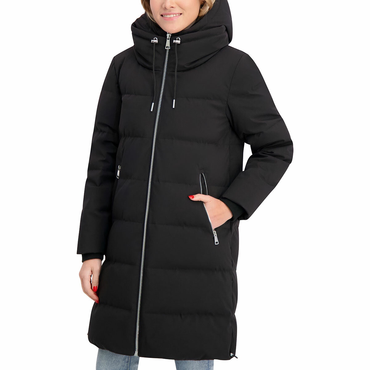 DKNY Ladies Long Down Coat with Hood in Black