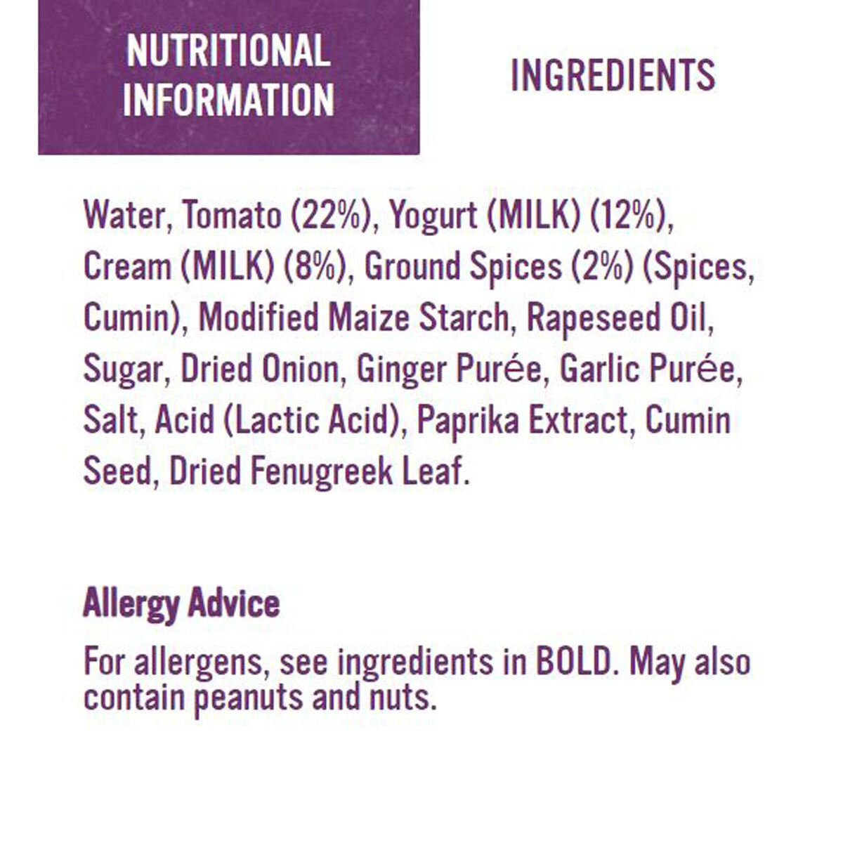 Ingredient list on white background