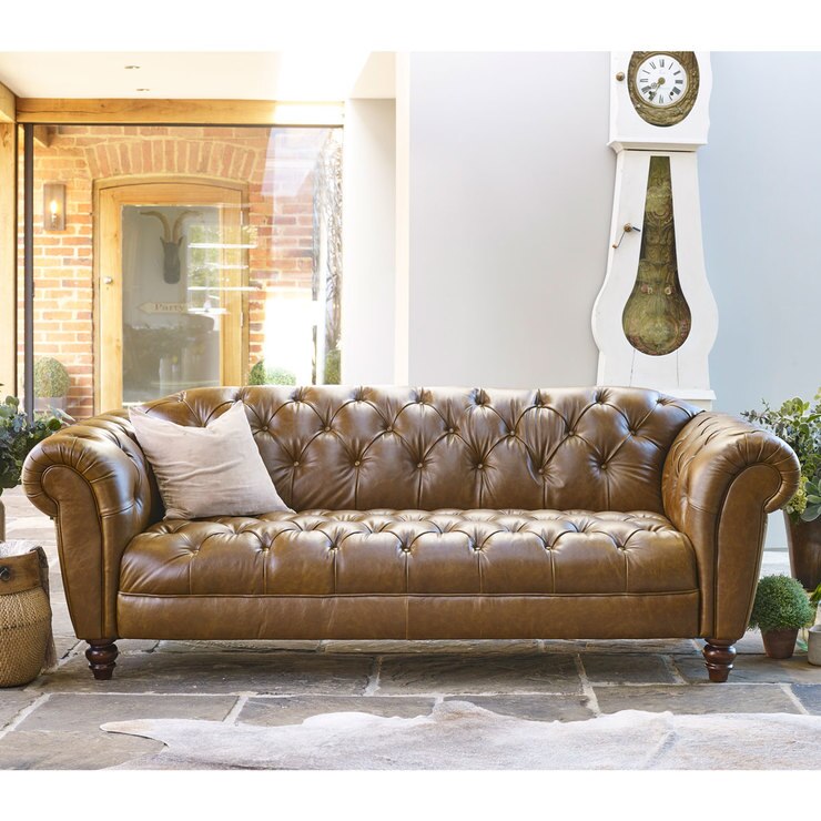 wellington 3 seater semi aniline leather chesterfield sofa caramel