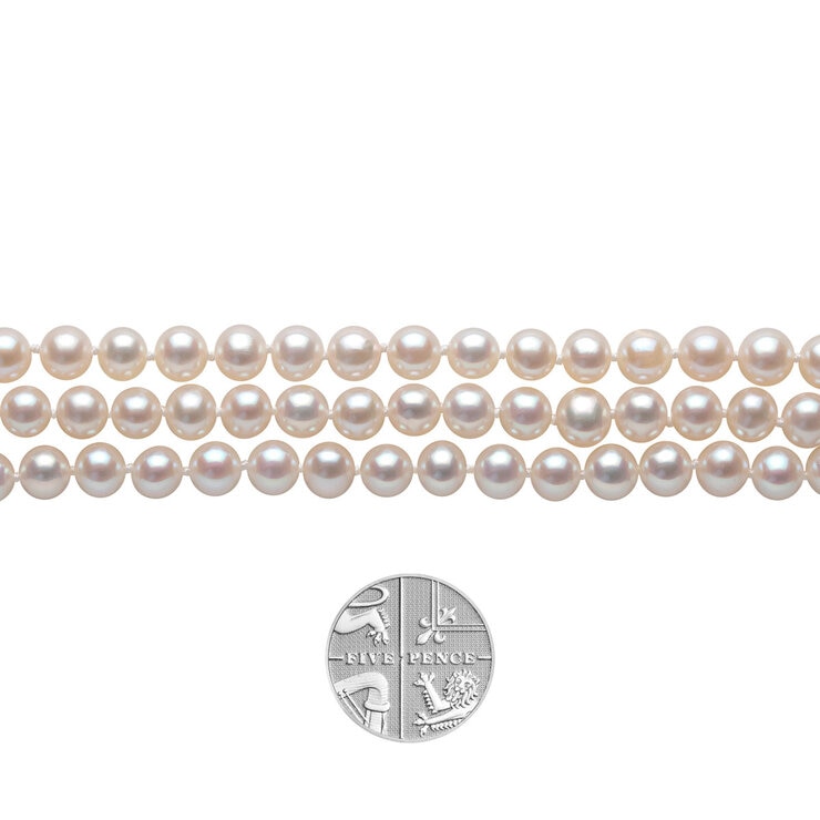 5.5-6mm Cultured Freshwater 3 Row White Pearl Necklace, 14ct Yellow Gold 5.5-6mm Cultured Freshwater 3 Row White Pearl Necklace, 14ct Yellow Gold