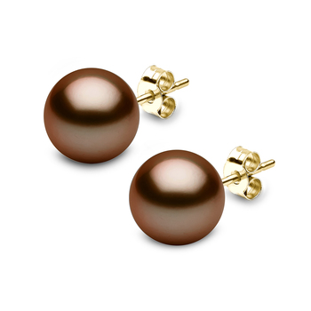 10-11mm Treated Tahitian Chocolate Brown Pearl Stud Earrings, 18ct Yellow Gold